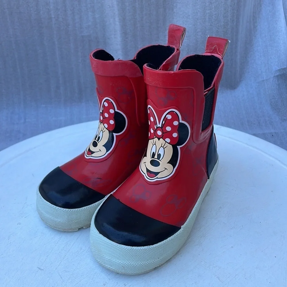Disney Girl Minnie Mouse Mid Height Easy Slip-on Waterproof Rubber Boots - Sz 4